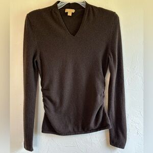 Katherine Kelly Chocolate Brown Cashmere V-Neck Ruched Sides Sweater Sz XS